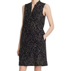 Eileen Fisher Organic-Cotton Dot-Print Dress Collar Pockets Polka Dot Black S
